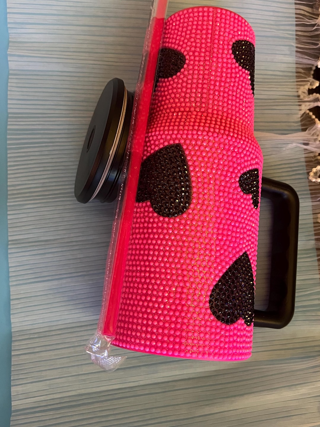Rhinestone Travel Bumbler With Handle 40oz Heart Design Pink and Black ...