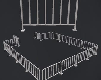 May include: White metal crowd control barriers in different arrangements. The barriers feature vertical bars and are designed to create boundaries. The image includes a large barrier and several smaller sections, suitable for tabletop games.
