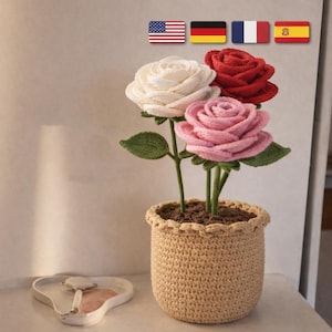 Könnte beinhalten: Ein gehäkeltes Blumenarrangement mit drei Rosen in Weiß, Rot und Rosa. Die Rosen stehen in einem beigefarbenen Häkeltopf mit grünen Blättern. Im Vordergrund befindet sich ein dekoratives, weißes, herzförmiges Tablett.