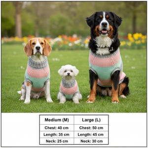 May include: Three dogs wearing matching striped sweaters in shades of grey, pink, and mint green. The image includes a size chart with measurements in centimetres for Medium and Large sizes. The dogs are sitting on grass.