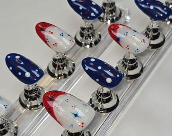 Handpainted Press on Nails:  Patriotic Summer Nails - Customizable, Unique, Mini Manicure Set Included
