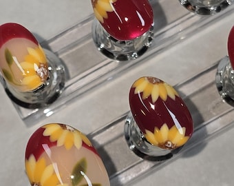 Handpainted Press on Nails: Sunflowers and Red French Tips - Customizable, Unique, Mini Manicure Set Included