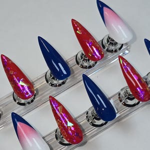 Handpainted Press on Nails:  Patriotic Red, White, and Blue Nails - Customizable, Unique, Mini Manicure Set Included