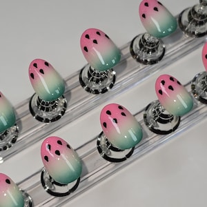 Handpainted Press on Nails:  Glittery Watermelon Nails - Customizable, Unique, Mini Manicure Set Included