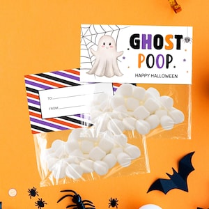 Peut inclure: Deux sachets en plastique transparent remplis de guimauves blanches, surmontés d'une étiquette en papier rectangulaire. Les étiquettes présentent un fantôme blanc, une toile d'araignée, une petite araignée et le texte GHOST POOP. HAPPY HALLOWEEN.