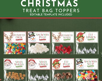 8 Editable Christmas Treat Bag Toppers Set, Elf Kisses, Elf Poop, Snowman Poop, Santa Kisses, Reindeer Noses, Classroom Gift Cookie Tags