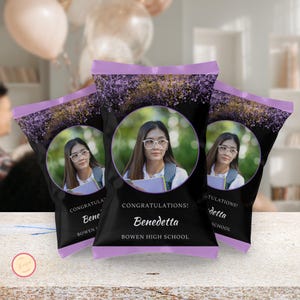 Purple & Black Graduation Chip Bag, Printable Favor Digital Download, Editable Chip Bag Wrapper, Grad Party Favor, Congrats Template Design