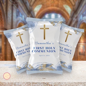 Bearbeitbares Blaues Erstkommunion-Chip-Beuteletikett, Geschenkvorlage, druckbares Gastgeschenk, digitaler Download, personalisierte Chipbeutel 7S9D1