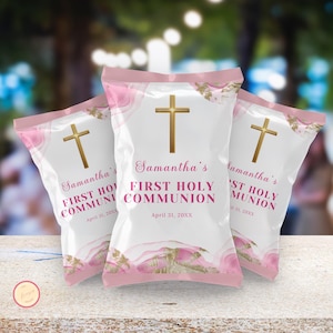 Bearbeitbares rosa Erstkommunion-Chip-Beuteletikett, Geschenkvorlage, druckbares Gastgeschenk, digitaler Download, personalisierte Chipbeutel 7S9D1