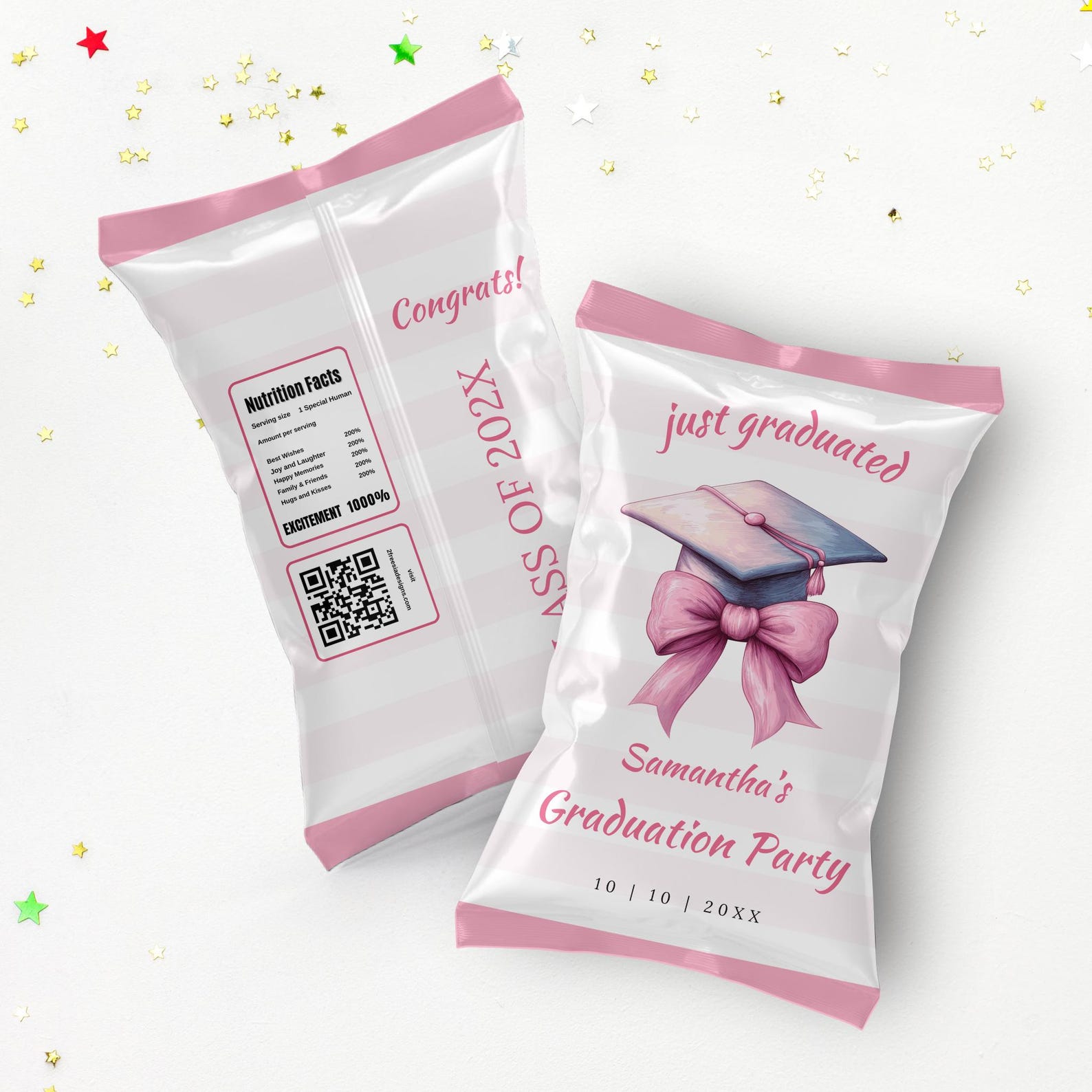 Pink Bow Graduation Hat Chip Bag, Editable Favor Wrapper (digital ...