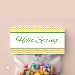 May include: A cellophane bag filled with colourful sweets, topped with a rectangular label. The label features the text "Hello Spring" in green script, framed by green, yellow, orange, and purple chevron patterns.