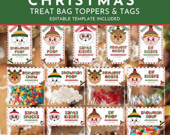 8 Editable Christmas Treat Bag Toppers and Tag Set, Elf Poop, Snowman Poop, Santa Kisses, Reindeer Noses, Elf Kisses, Classroom Gift Cookie