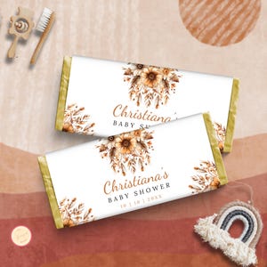Editable Boho Baby Shower Chocolate Wrapper Template, Brown Floral, Printable Party Favor Digital Download