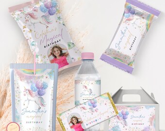 May include: A collection of party favors featuring a unicorn theme. Includes a juice pouch, water bottle, candy bar, snack bag, and a small gift box. Each item has a unicorn illustration, balloons, and the text "Samantha's Magical Birthday".
