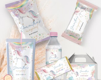 May include: A collection of party favors featuring a unicorn theme. The items include a chip bag, juice pouch, water bottle, candy bar, and a small gift box. Each item has a unicorn illustration and the text "Samantha's magical BIRTHDAY". The color scheme includes pastel rainbow colors.