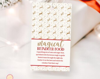 May include: A rectangular gift tag with a white background and a pattern of gold reindeer and dots. The tag has the words "Magical Reindeer Food" in a decorative font, with a description below.