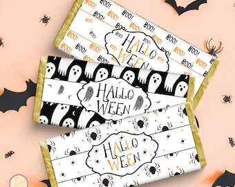 Mall för utskrivbar chokladpapper för Halloween, set med 3, etikett för barnfestgodis | Digital nedladdning