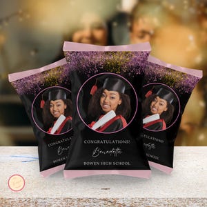 Pink and Black Graduation Chip Bag, Printable Favor Digital Download, Editable Chip Bag Wrapper, Grad Party Favor, Congrats Template Design