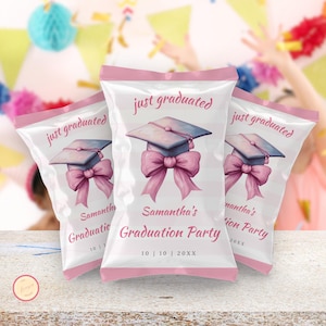 Pink Bow Graduation Hat Chip Bag, Printable Favor Digital Download, Editable Chip Bag Wrapper, Grad Party Favor, Congrats Template Design
