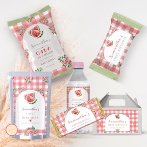 Editable Watermelon 1st Birthday Favor Templates: Chip Bag, Bottle, and More (Canva Digital Download)