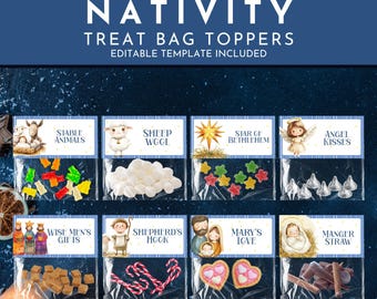 8 Editable Nativity Christmas Treat Bag Toppers Set for Kids, Chruch Party, Classroom Favors