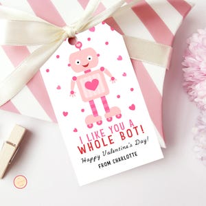 May include: A Valentine's Day gift tag with a pink robot illustration and the text "I LIKE YOU A WHOLE BOT! Happy Valentine's Day! FROM CHARLOTTE." The tag is tied to a pink and white striped gift box with a cream ribbon.