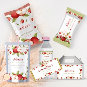 Editable Apple 1st Birthday Favor Template, Chip Bag Wrapper, Treat Wrapper, Juice Pouch, Water Bottle, Chocolate Wrappers Label, J6IV0
