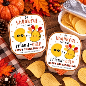 May include: Two square snack containers with white lids featuring a cartoon potato chip wearing sunglasses and a turkey-themed chip. The text reads: so thankful for our friend-chip HAPPY THANKSGIVING! FROM CHARLOTTE CHRISTOPHER. Yellow chips are scattered.