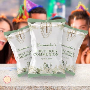 May include: Three white chip bags with green trim and floral designs. The bags have the text "Samantha's First Holy Communion" and the date "April 31, 20XX".
