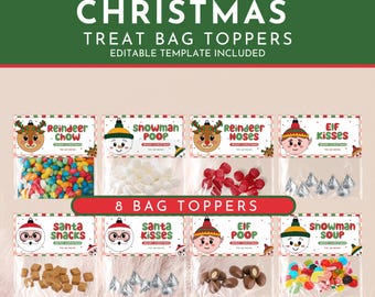 Christmas Treat Bag Toppers, 8 Editable Set, Elf Kisses, Elf Poop, Snowman Poop, Santa Kisses, Reindeer Noses, Classroom Gift Cookie Tags