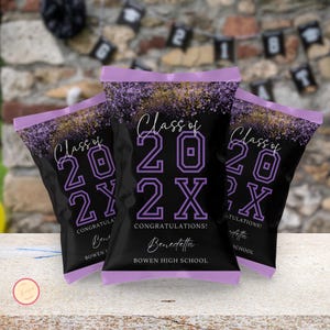 Purple and Black Graduation Chip Bag, Printable Favor Digital Download, Editable Chip Bag Wrapper, Grad Party Favor, Congrats Template