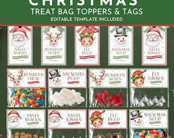 8 Editable Christmas Treat Bag Toppers and Tag Set, Elf Kisses, Elf Poop, Snowman Poop, Santa Kisses, Reindeer Noses, Classroom Gift Cookie