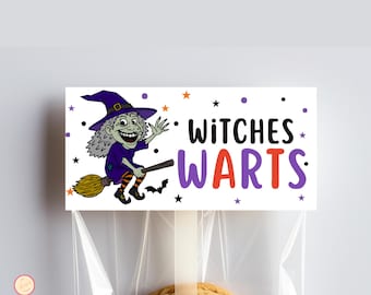 May include: A rectangular white label attached to a clear plastic bag containing a cookie. The label features a cartoon witch on a broomstick, black and orange stars, purple dots, and the text "WITCHES WARTS" in black, purple, and orange.
