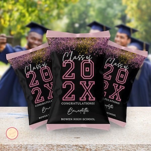 Pink and Black Graduation Chip Bag, Printable Favor Digital Download, Editable Chip Bag Wrapper, Grad Party Favor, Congrats Template Design