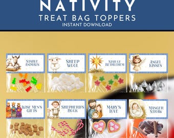 8 Printable Nativity Christmas Treat Bag Toppers Set for Kids, Chruch Party, Classroom Favors