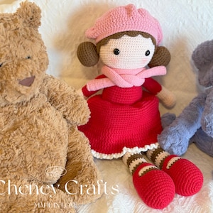 Handmade Crochet Doll with Red Dress and Pink Beret, Amigurumi Girl Gift, Soft Plush Toy, French Style Decor, Baby Shower or Birthday Gift