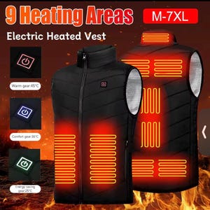 Peut inclure: Gilet chauffant électrique noir avec 9 zones de chauffage. Le gilet a une fermeture éclair et un col montant. L'image montre le gilet avec les éléments chauffants illuminés en rouge. Le texte indique trois réglages de chaleur : chaud à 45°C, confort à 35°C et économie d'énergie à 25°C.