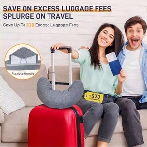 May include: A red suitcase with a gray travel pillow and a flexible hoodie. The image includes the text "SAVE ON EXCESS LUGGAGE FEES SPLURGE ON TRAVEL" and "Save Up To $70 Excess Luggage Fees". A couple is smiling and holding a passport.