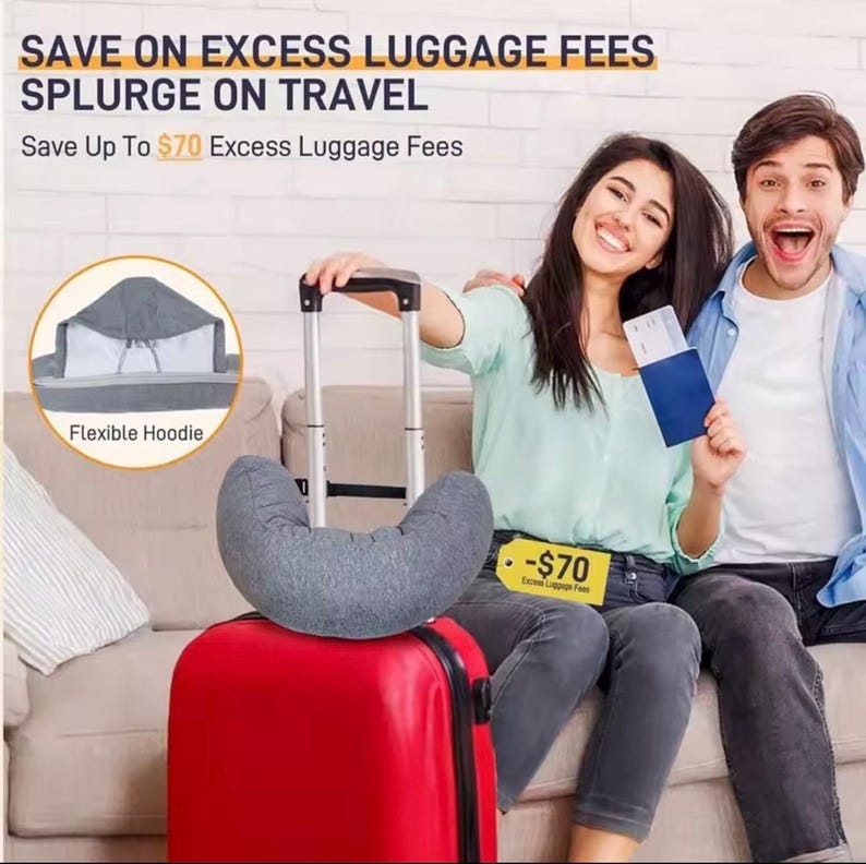 May include: A red suitcase with a gray travel pillow and a flexible hoodie. The image includes the text "SAVE ON EXCESS LUGGAGE FEES SPLURGE ON TRAVEL" and "Save Up To $70 Excess Luggage Fees". A couple is smiling and holding a passport.