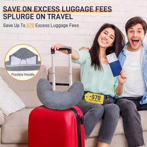 May include: A red suitcase with a gray travel pillow and a flexible hoodie. A woman holds a suitcase handle, and a man holds a passport. The image includes the text "SAVE ON EXCESS LUGGAGE FEES SPLURGE ON TRAVEL".