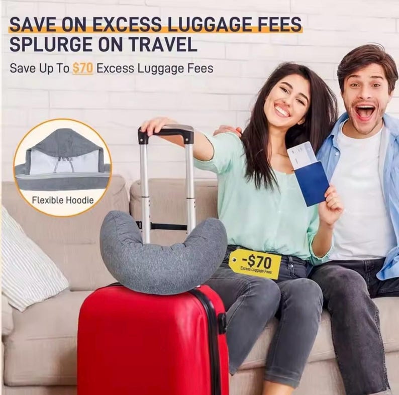 May include: A red suitcase with a gray travel pillow and a flexible hoodie. A woman holds a suitcase handle, and a man holds a passport. The image includes the text "SAVE ON EXCESS LUGGAGE FEES SPLURGE ON TRAVEL".