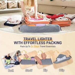 May include: Image shows a gray travel packing organizer with the text "TRAVEL LIGHTER WITH EFFORTLESS PACKING". The organizer is shown in use with the steps "Roll", "Stuff", "Zip", and "Clip". Suitcases and clothing are also visible.