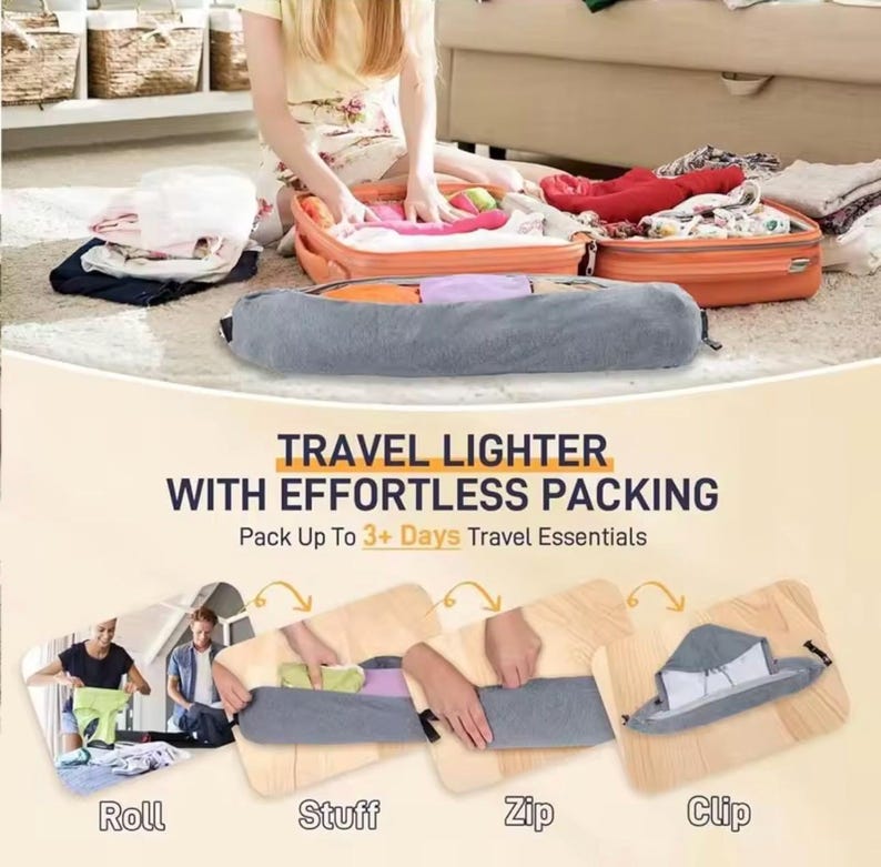 May include: Image shows a gray travel packing organizer with the text "TRAVEL LIGHTER WITH EFFORTLESS PACKING". The organizer is shown in use with the steps "Roll", "Stuff", "Zip", and "Clip". Suitcases and clothing are also visible.