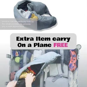 May include: A gray travel pillow with a hidden zipper, shown open and filled with clothing. The image also shows a suitcase packed with various items, and the text "Extra Item carry On a Plane FREE".