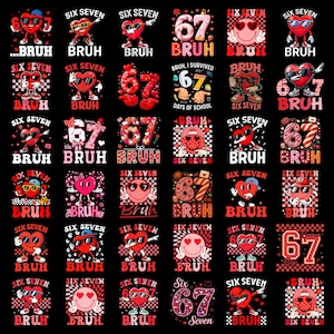 Puede incluir: Una colección de diseños gráficos sobre un fondo negro. Cada diseño presenta un personaje de corazón con gafas de sol, un sombrero o una carita sonriente, junto con las palabras "SIX SEVEN" y "BRUH". Algunos diseños incluyen el número "67".