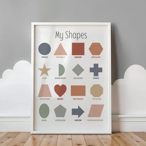 Peut inclure: Une affiche éducative encadrée intitulée "My Shapes" présentant diverses formes géométriques aux couleurs douces. Les formes comprennent un cercle, un triangle, un carré, un hexagone, une étoile, un demi-cercle, un losange, une croix, un trapèze, un cœur, un rectangle, un octogone, un ovale, un pentagone, une flèche et un parallélogramme.
