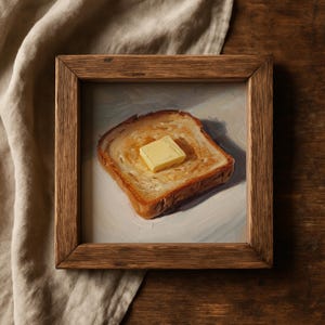 Könnte beinhalten: Gerahmtes Gemälde einer Scheibe Toast mit einem Butterstück. Das Toastbrot ist goldbraun, die Butter hellgelb. Das Kunstwerk befindet sich in einem rustikalen Holzrahmen vor neutralem Hintergrund.