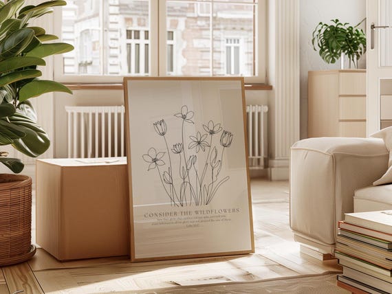 Floral Bible Verse Print, Luke 12:27 Line Art (Digital Download)