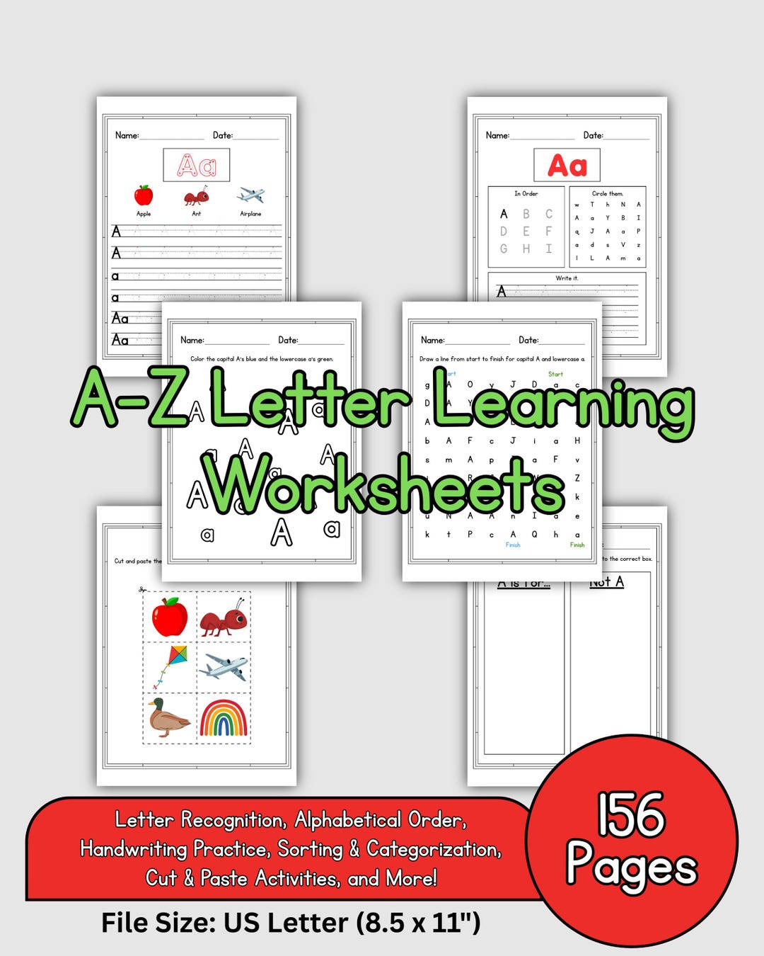 Alphabet Letter Learning Worksheets A-Z | Tracing, Coloring, Cut ...
