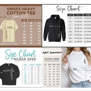 Puede incluir: Una tabla de tallas para camisetas, sudaderas y camisetas de manga larga de algod&oacute;n grueso unisex. La tabla incluye medidas en cent&iacute;metros para el pecho, el ancho, el largo y el largo de la manga, con tallas de la S a la 5XL.